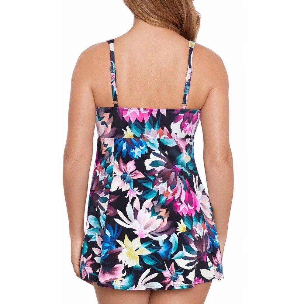 Swim Solutions Floral V-Neck Tie-Front Swimdress Black Pink Blue Beach‎ Size 8 - Picture 3 of 7